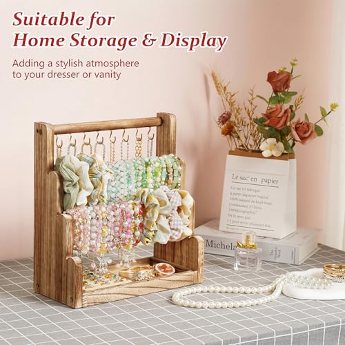 Emfogo Jewelry Organizer Stand, 4 Tier Wood Bracelet Holder With Necklace Holder, Rustic Large Capacity Jewelry Holder Display for Bracelets Bangles Necklaces Rings Watches Scrunchies (Rustic Brown)