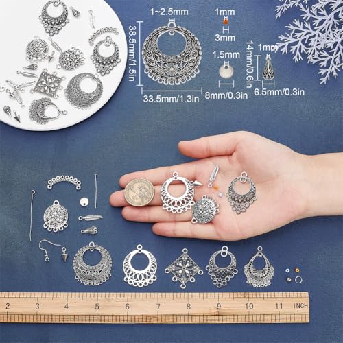 SUNNYCLUE 1 Box DIY 10 Pairs Chandelier Charms Earring Making Kit Boho Charms for Jewelry Making Feather Cone Pendants Flat Round Head Pins Eye Pins Jump Rings Antique Silver Adult Women - color: Chandelier Bohemian Style D