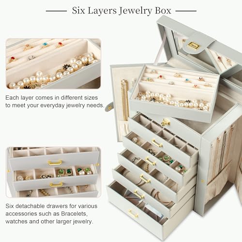 AKOZLIN 6-Tier Jewelry Box Organizer Functional Huge 5 Drawers Leather Jewelry Storage Case Grey Large