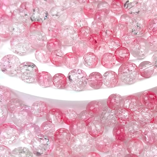 300pcs Crackle Glass Beads, 6mm and 8mm Pink Crystal Glass Beads Round Loose Spacer Bulk Beads for DIY Craft Earring Necklace Bracelet Jewelry - color: Pink