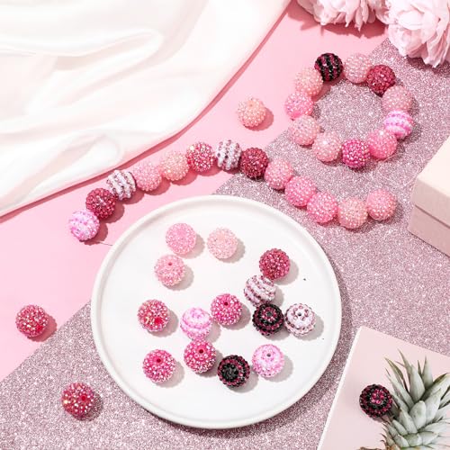 40 Pcs 20 mm Rhinestone Beads Bulk Crystal Round Disco Ball Chunky Bubblegum Beads for Pens Bracelets Charms Craft European Style Jewelry Making Supplies Christmas(Mix Pink) - color: Mix Pink