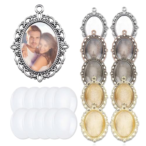 20Pcs Photo Charms Cabochon Blanks Set 10Pcs Large Oval Pendant Trays with 10 Glass Cabochons for Memorial Jewelry Making Bridal Bouquet Charms DIY - color: 5 Colors