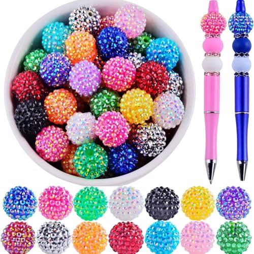 30PCS 20MM Bubblegum Beads for Pens, Mixed Color Rhinestones Disco Ball Chunky Large Acrylic Round Beads for Bag Focal Beadable Pen Keychain Making Jewelry Bracelet Making DIY Crafts - color: Rhinestones Beads