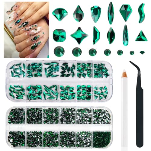 qiipii Emerald Green Nail Rhinestones Multi Shapes Flatback Green Crystals Gems Round Beads K9 Glass Stones Diamonds jewels Nail Art Supplies Nail Charms for Nails Faces Eyes Makeup Crafts DIY - color: Emerald Green, size: B Set