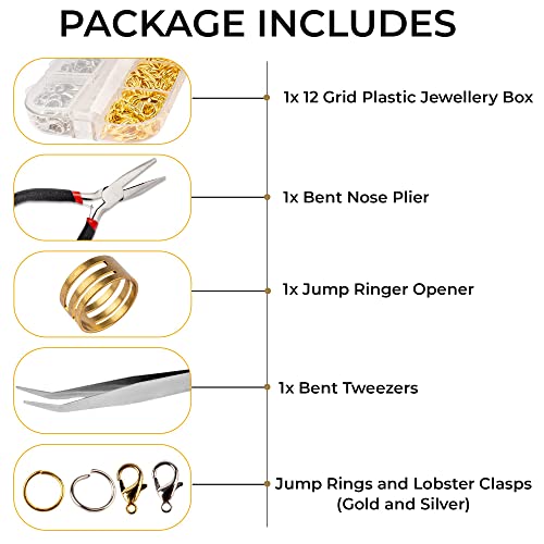 Open Jump Rings and Lobster Clasps Jewelry Fixing Kit (1200 pcs Gold and Silver) with a Bent Nose Jump Ring Pliers, Tweezers, and a Jump Ring Opener (O Rings for Jewelry Making)
