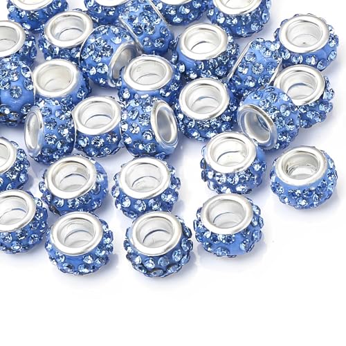 50 PCS Large Hole Beads Rhinestone European Bead Crystal Charm Spacer Rhinestone Beads for Pens Making Bulk Beadable Pens Jewelry Making Supplies DIY Crafts Bracelet(Blue,12mm) - color: Blue