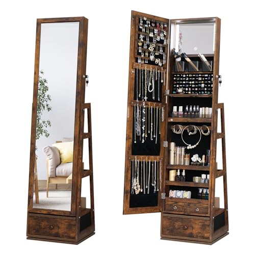 360° Swivel Full Length Mirror Jewelry Cabinet Standing With Built-In Mirror Jewelry Armoire With Mirror Drawers, Lockable Storage Christmas Gift Rustic Brown - color: Rustic Brown