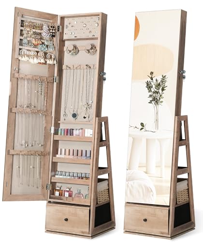 Nicetree 360°Swivel Jewelry Cabinet, Rotatable Full Length Mirror with Jewelry Storage, Standing Jewelry Armoire Organizer, Lockable Jewelry Organizer with 3 Rear Shelves, Bottom Drawer, Oak - color: Oak