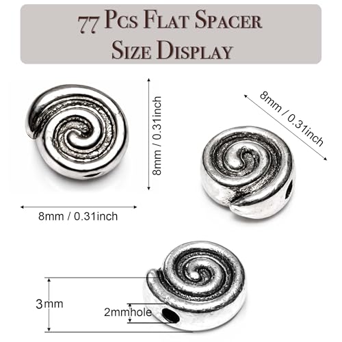 Tibetan Silver Spacer Beads 8mm Flat Round – 77pcs Metal Spacer Beads for Jewelry Making, Bracelets, Necklaces & Earrings DIY Supplies, Antique Silver Zinc Alloy - color: Silver Snail