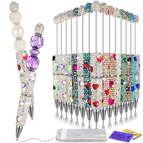 Tondiamo 45 Pcs Full Rhinestone Beadable Pens Bulk Set 15 Glitter Diamond Pens with Cards & Bags Fancy Beaded Pen for Beads DIY Cute Journalling Bling Ballpoint Craft Making(Heart Full Diamonds) - style: Heart Full Diamonds