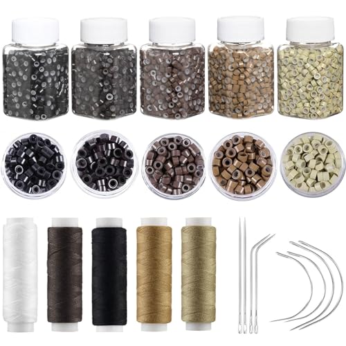Hair Extension Tools Kit, 2500 Silicone Lined Ring Beads, 8 C/J/I Hair Needles, 5 Rolls Sewing Thread, Sew in Hair Extensions Kit for Hair Styling & Wig DIY Craft - color: Brown