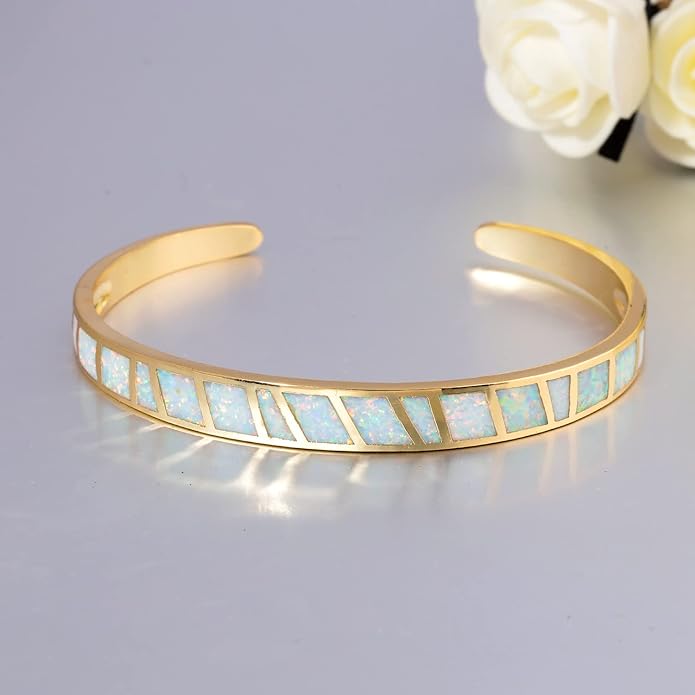 CiNily Womens Cuff Bracelet,Opal Bangle Bracelets Gold Plated Hypoallergenic Ladies Gemstone Open Cuff Bangle Bracelet
