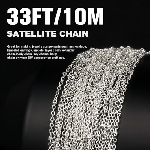 33 Feet Silver Satellite Cable Chains Roll, 2MM Silver Plated Brass Ball Beaded Cable Link Chains Spool Bulk for Jewelry Making DIY Craft - color: 3.0mm beads silver satellite cable chain