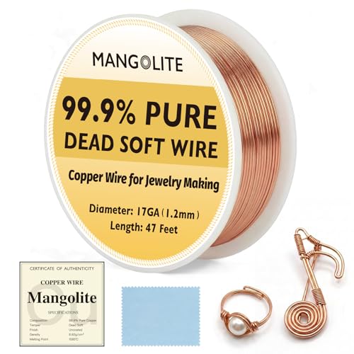 17 Gauge/1.2mm Copper Wire for Jewelry Making – 47 Feet Single Spool with Polishing Cloth & COA – 99.9% Pure Dead Soft Bare & Skin Safe Uncoated Craft Wire for Wire-Wrapped Trees & Sculpture - size: 17 Gauge, style: 5 Ounces