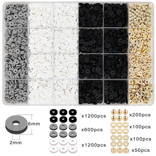 MIIIM Black and White Clay Bead Bracelet Kit, Heishi Beads, Flat Beads and Gold Spacer Beads for Jewelry Making, Friendship Bracelet Beads Kit for Crafts, Concert, Raves, Gifts - color: Black and White