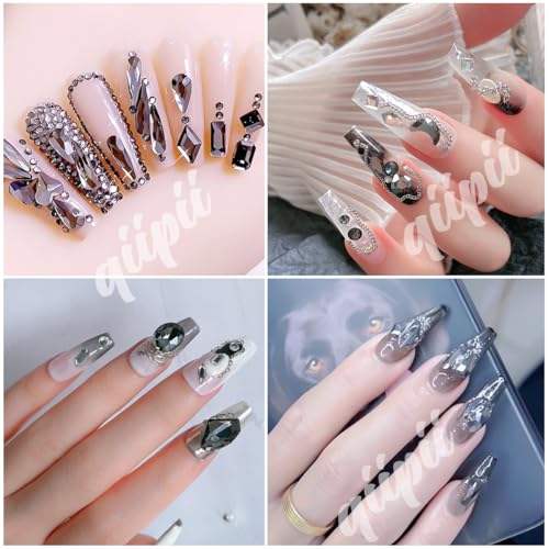 qiipii Black Diamond Nail Rhinestones Multi Shapes Crystals Flatback K9 Glass Dark Gray Stones Gems Round Beads Diamonds Jewels Charms for Nails Face Eyes Makeup Clothes Shoes Crafts Tumblers Bottles - color: Black Diamond, size: A Set