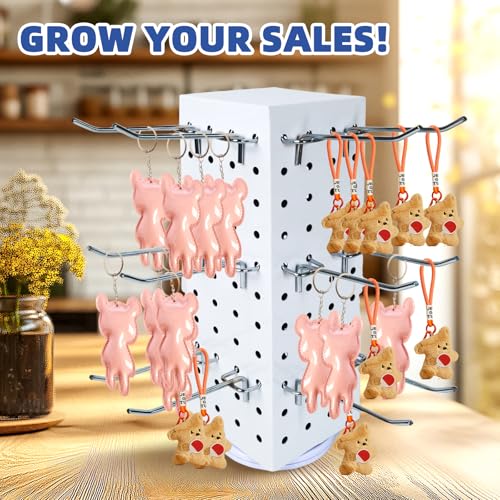 Rotating Pegboard with 20 Peg Hooks 4-Sided Pegboard Spinning Display Stand 4 x 4 x 12 Inches, Keychain Display Stand for Retail Display, Earring Display (White) - color: White