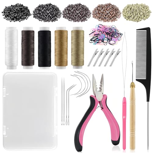 Hair Extension Tools Kit, 500 Silicone Lined Micro Rings, 1 Plier, 1 Threader, 1 Crochet Hook, 8 C/J/I Needles, 5 Clips, 1 Comb, 5 Sewing Threads,100 Mini Rubber Bands with Storage Case - color: Pink