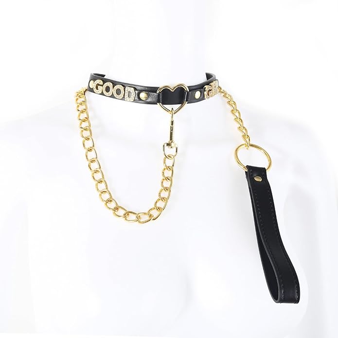 Succuba Handmade Heart Ring Rhinestone Letter Pu Leather Choker Collar Necklace for Women and Men