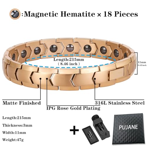 Magnetic Hematite Bracelets for Men Women 316L Stainless Steel Power Balance Energy Magnets Stones Bracelet Jewelry Gift with Adjustment Tool - color: Rose Gold