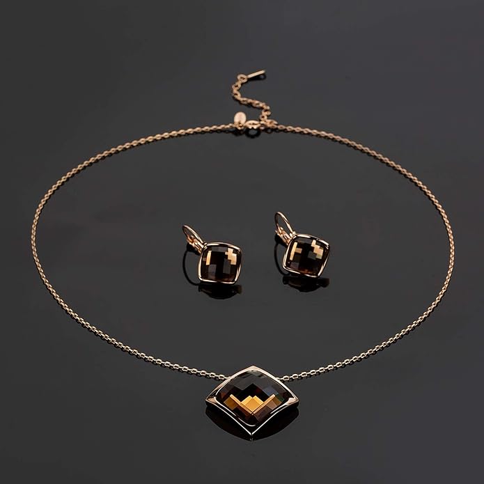 EVEVIC Square Austrian Crystal Necklace Earrings for Women Fashion 18K Gold Plated Hypoallergenic Jewelry Set