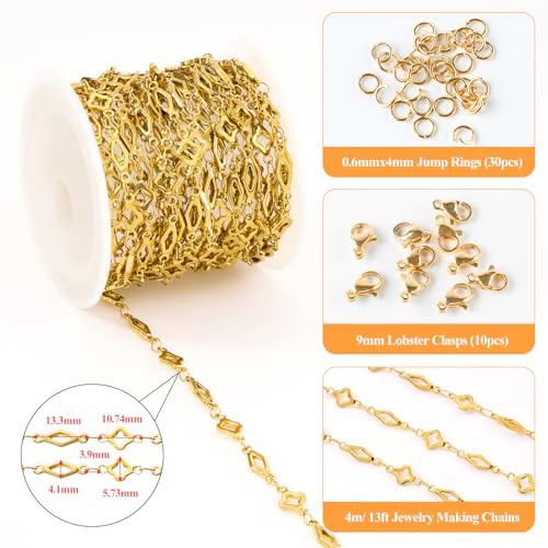 YOUBEIYEE 13 Feet Gold Plated Chain for Jewelry Making Stainless Steel Rhombic Clover Chains Bulk for Women Necklace DIY with Jewelry Accessories - color: Clover Rhombic Gold