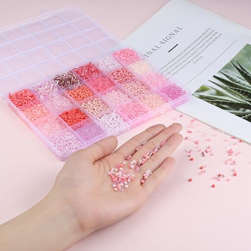 ZHIYUXI 7500Pcs Pink Glass Seed Beads Kit for Jewelry Making with Bugle Tube Bead 24 Colors Waist Embroidery Beads for DIY Bracelet Necklace Making Craft Beading Kit - color: E-Pink