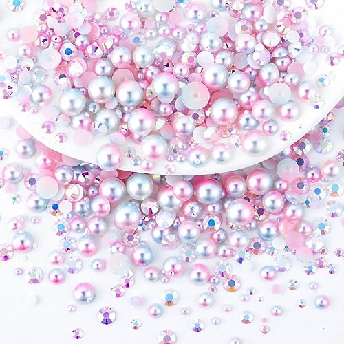 60g Mix Flatback Pearls and Rhinestones, 2mm-10mm Jelly Rhinestones and Half Pearls for Tumblers Shoes Nails Face Art, Pearl Rhinestone Mix for Bedazzling, White|Pinks - color: Daydream Blend | Mix White | Pinks