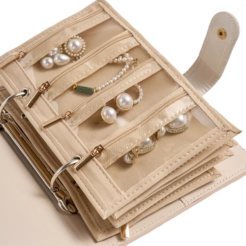 PU Leather Jewelry Binder Organizer Box - Bracelet Earring Rings Necklaces Jewelry Boxes Travel Case with Zipper Velvet Pouch Bags, Gift for Women - Cream White - color: Cream White_quilted Diamond Pattern