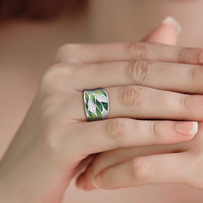 Santuzza 925 Sterling Silver Bamboo Leaves Ring Handmade Enamel Leaf Pattern Ring for Women
