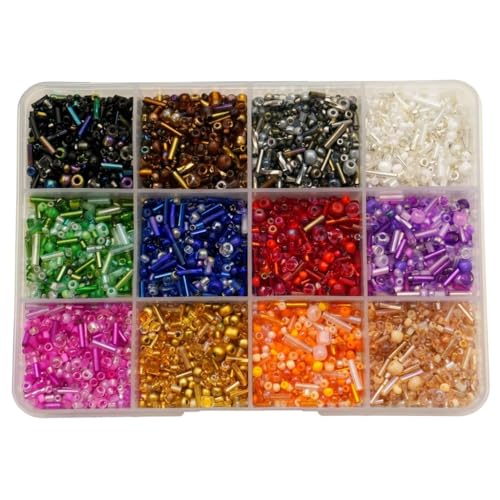 Jabrand 12 Colors Seed Beads and Bugle Beads Kit, 120g/6000pcs Mixed Craft Glass Beads for Bracelets Jewelry Making Clothing DIY