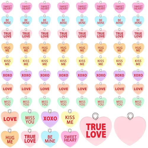 Augshy 64 Pcs Valentine Heart Charms Conversation Heart Resin Charms Conversation Heart Beads Flat Heart Pendant for Valentine's Day DIY Craft Bracelet Necklace Jewelry Making - style: Valentine Style