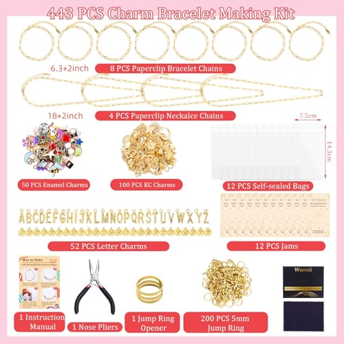 Wurosi 443 Pcs Gold Charm Bracelet Necklace Making Kit for Women, Including 8 Paperclip Chain Bracelets, 4 Paper Clip Chain Necklaces, Accessories for Jewelry Making, Crafts Beginner Supplies Gift - color: 443 Pcs Gold Bracelet Necklace