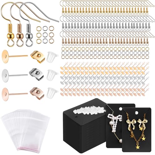 Tondiamo 2400 Pcs Earring Making Kit, Include Bright Gold, Silver and Gold Ear Hooks, 300 Earrings Cards Anti Sensitive Earring Making Tool with Jump Rings and OPP Bags for Repair(Black Card) - color: Black Card