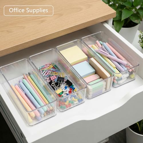 Qilinba 8 PACK Drawer Organizers Deep Drawer Organizer Bins Silverware Organizer Clear Stackable Storage Bins for Bathroom, Pantry, Office, Vanity, Desk Organization and Storage