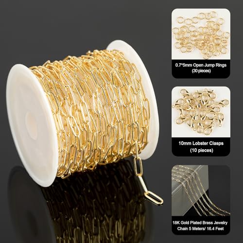 YOUBEIYEE 16.4 Feet Light Gold Embossed Paperclip Chain for Jewelry Making 18K Gold Plated Brass Chain Roll Women Necklace Bracelet DIY Jewelry Supplies - color: Embossed Paperclip