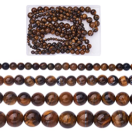 Craftdady 4 Strands Natural Round Tiger Eye Beads 4-10mm Polished Gemstone Chakra Energy Stone Loose Beads for DIY Bracelets Necklaces Earrings Jewelry Crafts, Total About 240pcs - color: Brown Tiger Eye