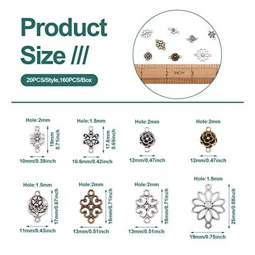 Pandahall 1Box/160pcs 8 Styles Alloy Tibetan Style Flower Connectors Charms Antique Sliver & Brown Metal Filigree Link Charms for Jewelry Making Dangle Pendants