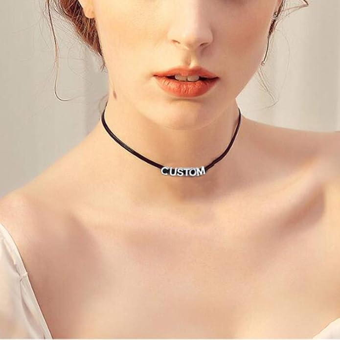 Custom4U Personalized Black Leather Choker Necklace with Picture/Name/Initials/Letters Charm,Custom Made Adjustable Choker Collar Gothic Punk Necklaces Jewelry Gifts for Women