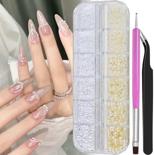 2100Pcs Flatback Nail Pearls Gems, 1.5-5mm White Beige Beads Half Round Nail Charms Beads with Pickup Pencil and Tweezers for Crafting Face Hair Manicure (11-K1-half-pearls-beige-white) - color: 11-K1-half-pearls-beige-white