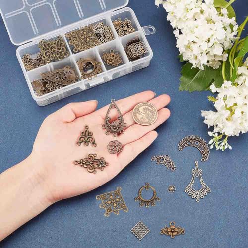 SUNNYCLUE 1 Box 72Pcs 12 Styles Filigree Connector Charms Flower Alloy Hollow Links Teardrop Square Oval Moon Shape Filigree Metal Embellishments for Crafts Supplies, Antique Bronze - color: 72pcs 12 Styles