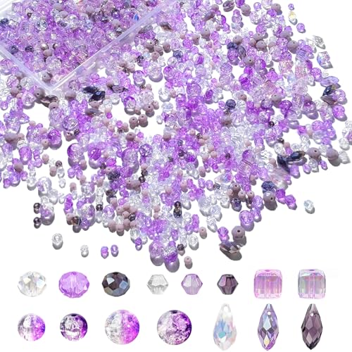 1000pcs Glass Beads for Jewelry Making Colorful Rainbow Craft Crystal Beads with Loose Beads Sparkly Beads for DIY Necklace Bracelet Earring(Purple) - color: Purple
