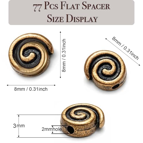 Tibetan Copper Spacer Beads 8mm Flat Round – 77pcs Metal Spacer Beads for Jewelry Making, Bracelets, Necklaces & Earrings DIY Supplies, Antique Silver Zinc Alloy - color: Copper Snail