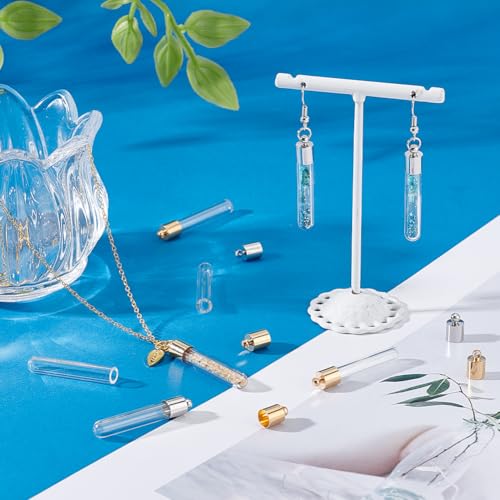 PH PandaHall 16 pcs 30mm Clear Glass Bottles Hanging Tube Wish Bottles with Golden/Silver Metal Caps for Necklace Pendant Jewelry Making, (NOT SCREWABLE, Need Glue ON)
