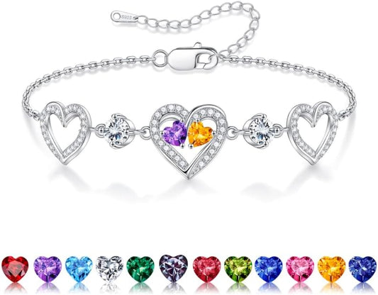 Iefil Valentines Day Gifts for Her - 925 Sterling Silver Heart Birthstone Bracelet Birthday Anniversary Jewelry Gifts for Her Wife