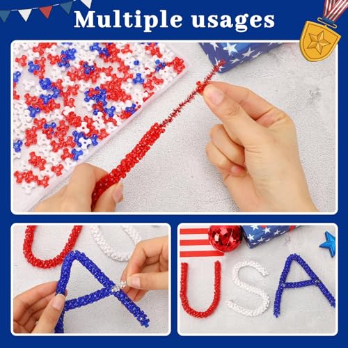 UPINS 4th of July Tri Beads, 1200Pcs Plastic Red White Blue Tri-Shaped Beads for Jewelry Making Patriotic Crafts Independent Day DIY Necklace Bracelets Hair Beads - color: Red White Blue
