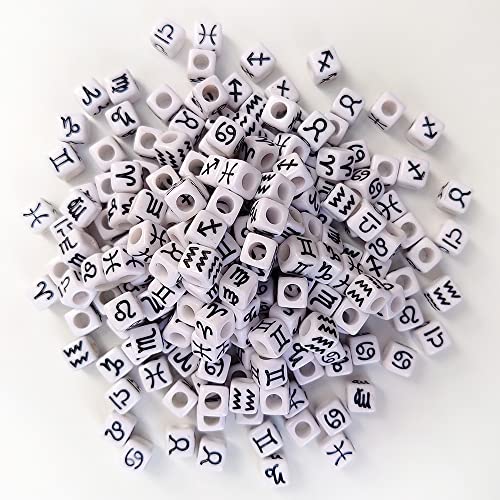 200+ Pieces 7x7mm White Cube Acrylic Alphabet Zodiac Charms Constellation Beads Mixed Plastic Shape Loose Beads for Jewelry Making Bracelets Necklaces Key Chains (Black on White) - size: Black on White