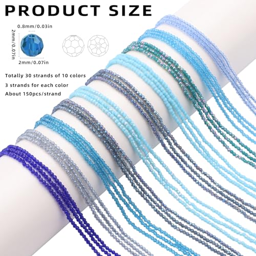 30 Strands 32 Faceted Glass Beads for Jewelry Making 4500pcs 2mm Miny Spacer Bead Round Small Craft Glass Beads for Bracelets Necklaces Earrings (Blue Series) - color: Blue