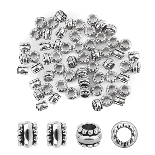 60Pcs Antique Silver Barrel European Beads 4mm Large Hole Spacer Beads Silver European Rondelle Bead Bulk Antique Tibetan Metal Column Barrel Charm Bead for Bracelets Earring Necklace Jewelry Making