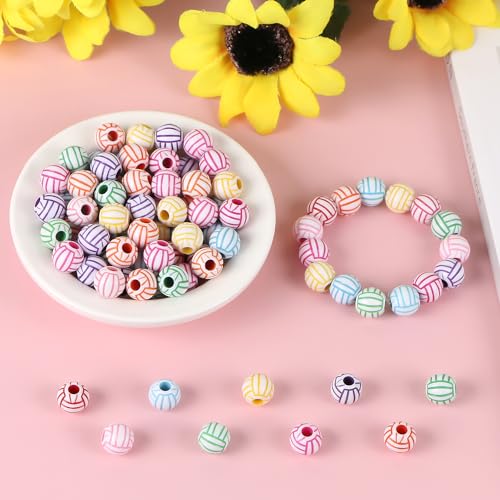 100pcs Volleyball Beads with 5.5 Yard Elastic Rope,Acrylic Sports Beads DIY Spacer for Necklace Bracelet Keychains Handmade Jewelry Making Accessories Craft Supplies,12mm(Rainbow Volleyball) - color: Rainbow Volleyball